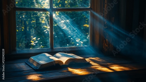 Wallpaper Mural Moonlight streaming through a window, illuminating a book on a wooden table with soft shadows Torontodigital.ca