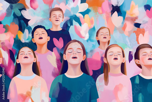 A group of choir singers. Watercolor illustration. Music.	
