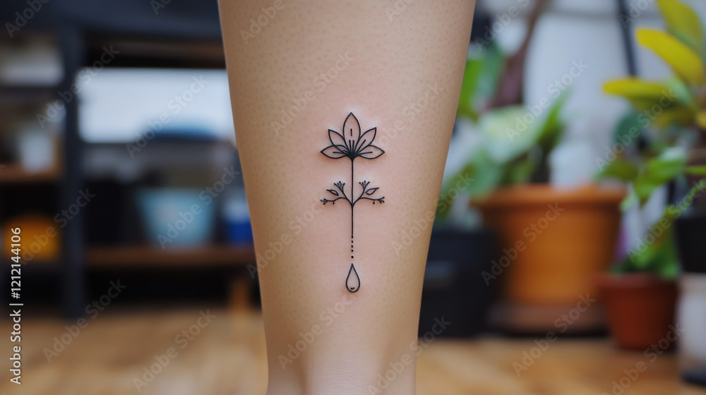 Obraz premium Minimal tattoo, A delicate black line tattoo of a lotus flower on a person's lower leg, surrounded by plants in a cozy setting.