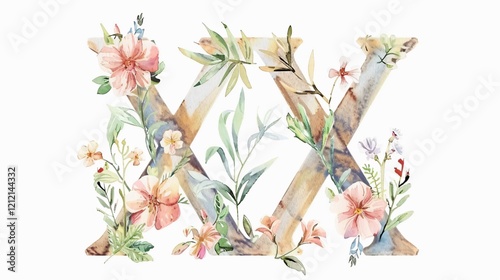 Elegant Floral Alphabet Letter X with Watercolor Flowers and Leaves