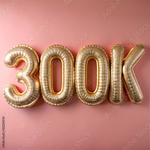 300k Followers Celebration. Gold Balloons on Pink Background photo