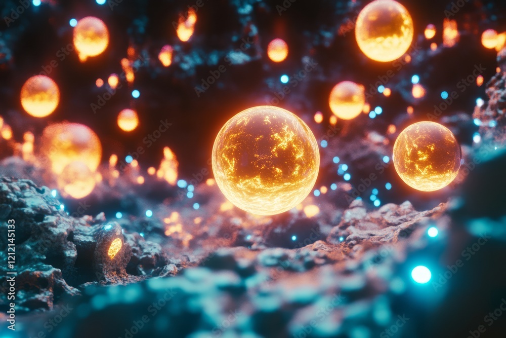 Glowing Spheres Hover Over a Dark Rocky Surface Glowing Spheres Hover Over a Dark Rocky Surface