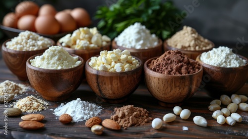 Natural Plant Based Protein powder with ingredients on table, Healthy food high of protein concept, Vegetarian dairy diet.