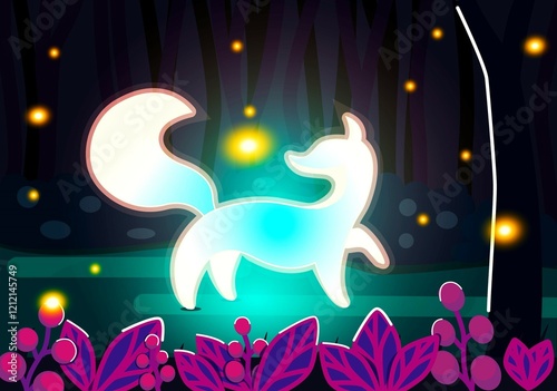 Vector illustration-in the night forest you can see a fox cub that glows and frolics among the fireflies.