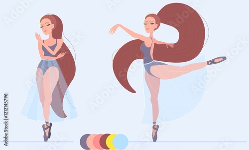 Vector image of a cartoon ballerina in static and dynamic pose