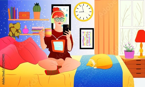 Vector image of a girl with glasses sitting on the bed in her room, looking at her phone and drinking from a cup, with a red cat sleeping next to her