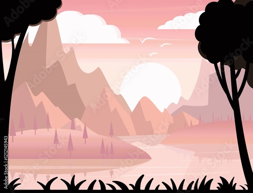 vector landscape of dawn and mountains in a simple style