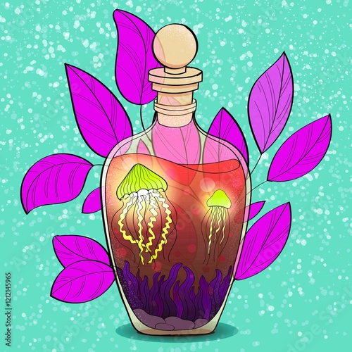Vector image of a glass container filled with water in which jellyfish swim.