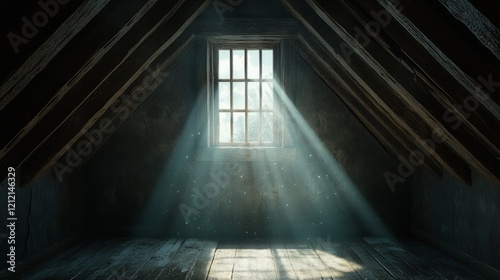 The soft glow of moonlight spilling through an attic window  illuminating dusty wooden beams