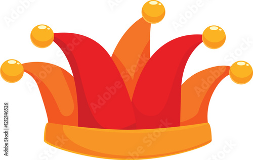Classic jester hat with red and orange peaks and golden bells, evoking fun and entertainment