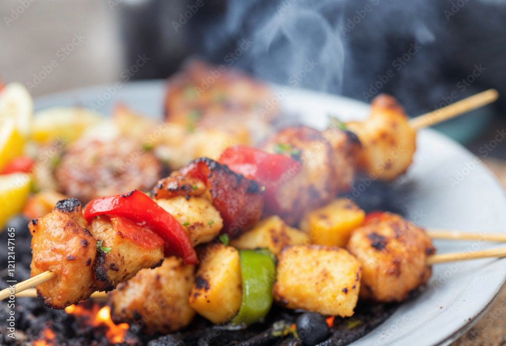 Set of delicious grilled kebabs on skewers