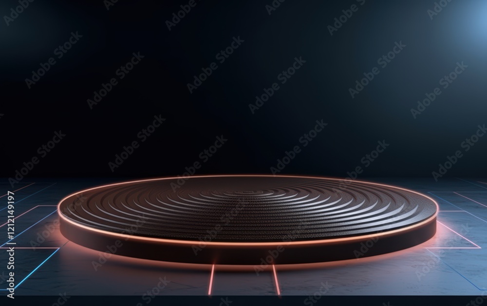 Fototapeta premium Glowing Circular Platform in Dark Room