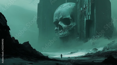 A solitary figure traverses a desolate valley dominated by an immense skull structure, surrounded by rocky terrain and swirling mist, creating a mysterious atmosphere.