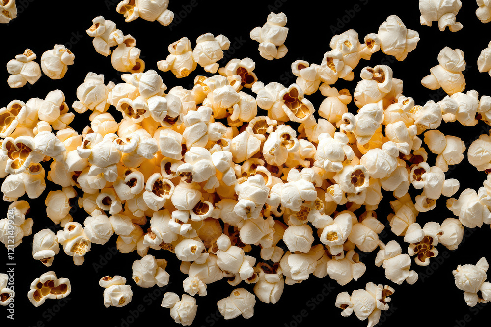 A close-up view of scattered popcorn against a black background, capturing texture and detail of kernels. A close-up view of scattered popcorn against a black background, capturing texture and detail of kernels.