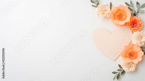 Delicate handcrafted paper flowers in pastel shades with a heart accent, great for Valentine's Day, anniversary cards, or stylish social media graphics. Selective focus photo