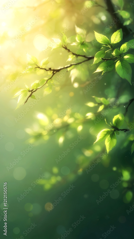 Sunlight gently illuminates vibrant green leaves on a branch, creating a tranquil atmosphere Sunlight gently illuminates vibrant green leaves on a branch, creating a tranquil atmosphere