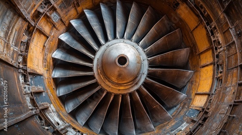 Close-up of a turbofan engine's fan blades and casing, showing wear and industrial detail.