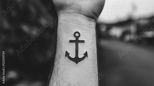 Minimal tattoo, A black and white image of a forearm displaying an anchor tattoo, symbolizing stability and maritime themes. photo