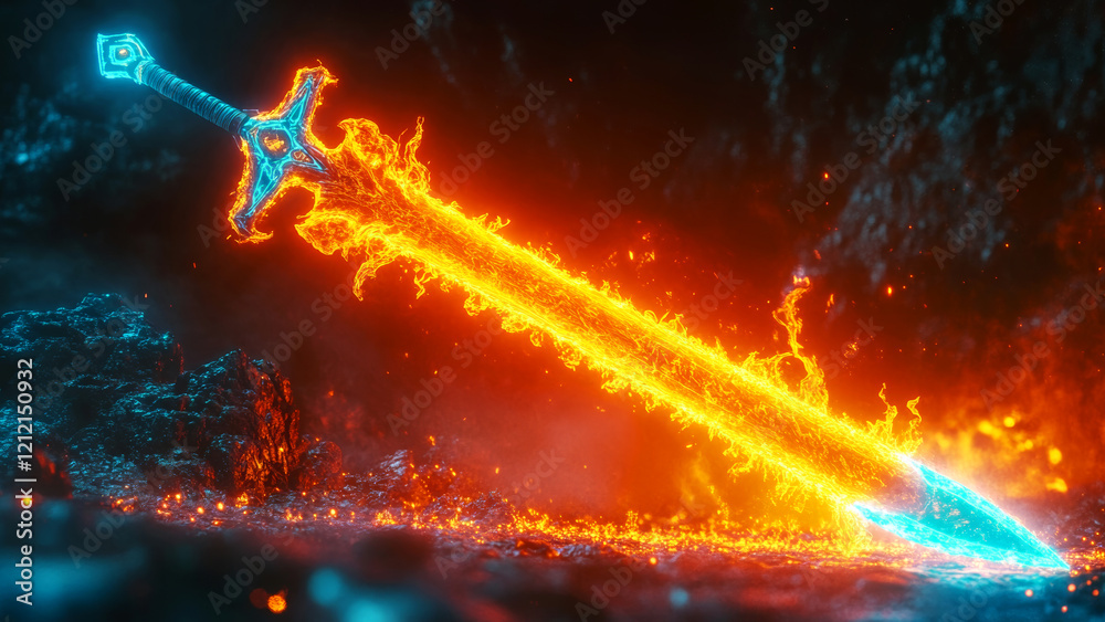 A striking neon sword slices through shadows, its flames illuminating the dark surroundings A striking neon sword slices through shadows, its flames illuminating the dark surroundings