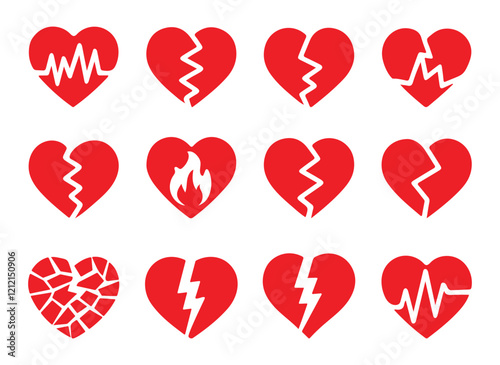 Red broken heart icons set. Cracked heart flat vector icons. Symbol of divorce or heartbreak.