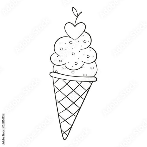 ice cream with cherries doodle style. Hand drawn black and white isolated logo. ice cream line art. Design element for web graphic design poster tattoo. Coloring page art therapy. Vector illustration