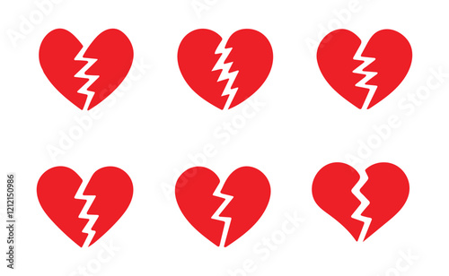 Red broken heart icons set. Cracked heart flat vector icons. Symbol of divorce or heartbreak.