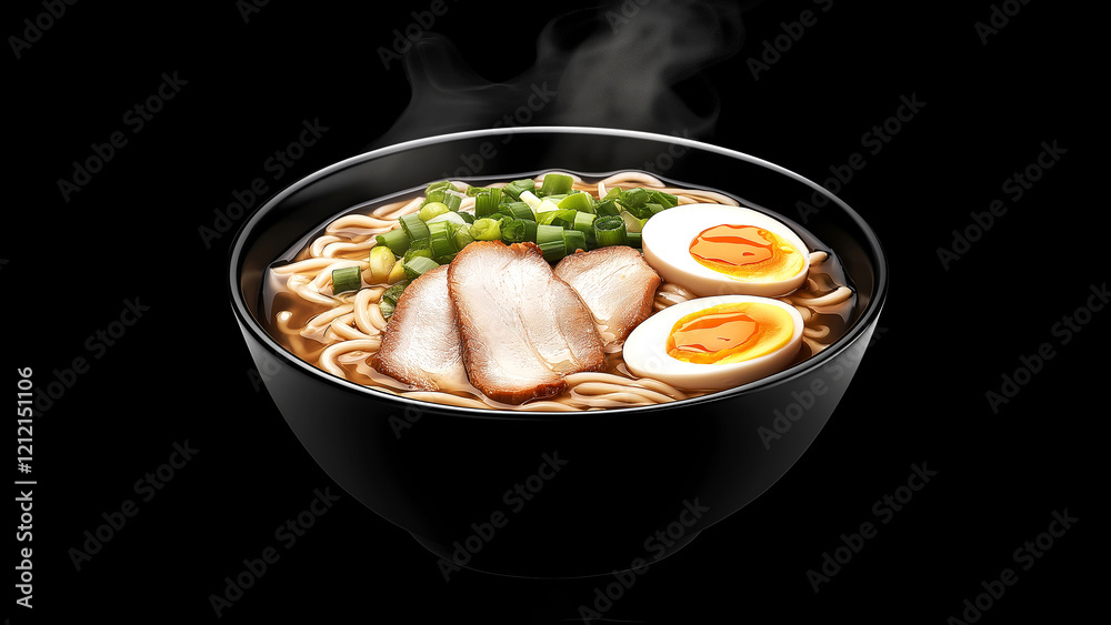 Steaming ramen with sliced pork, soft-boiled egg, and green onions on black background