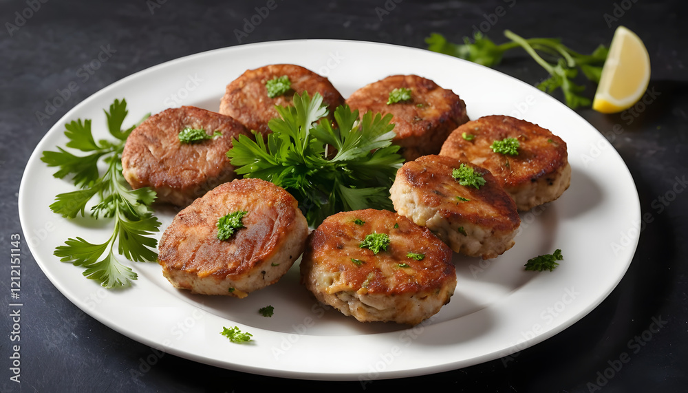 Delicious fish cutlets served on white plate with fresh parsley and lemon slices on dark background
Delicious fish cutlets served on white plate with fresh parsley and lemon slices on dark background