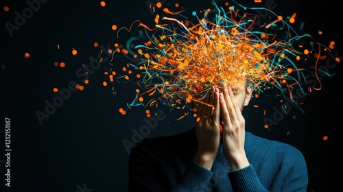 A person covers their face as colorful strands explode around their head, symbolizing thoughts, creativity, or mental chaos against a dark background.