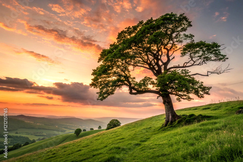 A lone tree on a grassy hill at sunset