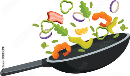 Fresh ingredients flying into a wok, creating a vibrant and delicious meal