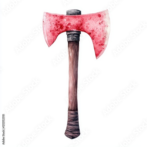 Bloody Double Bit Axe Watercolor Illustration Medieval Weapon Red Axehead Wooden Handle photo