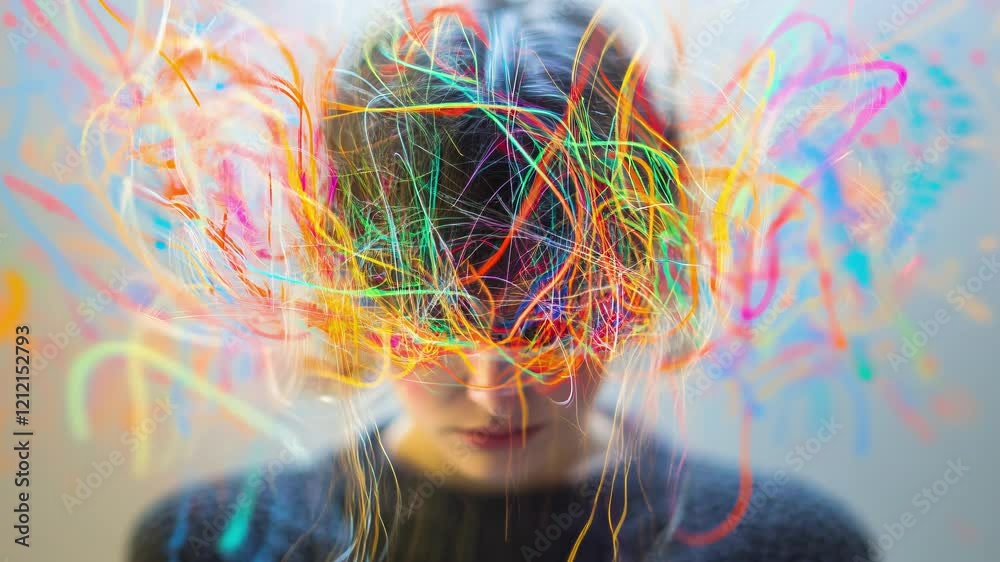 Portrait of woman with colorful lines. Racing mind and thoughts, adhd concept. Mental health awareness. Match-cut stop-motion timelapse. Generative AI