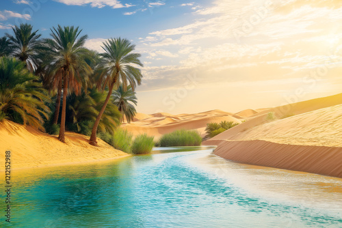 Oasis lanscape in desert turquoise pool with palms trees, photo