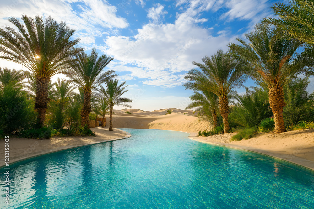 Oasis lanscape in desert turquoise pool with palms trees, Oasis lanscape in desert turquoise pool with palms trees,