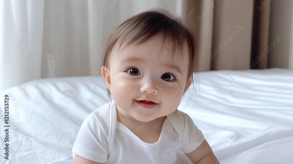 Adorable Baby Girl Smiling on White Bed - Authenticity Adorable Baby Girl Smiling on White Bed - Authenticity
