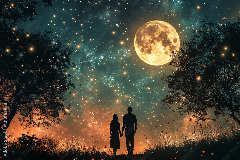 Fototapeta premium A Couple Silhouetted Underneath a Large Moon and Starry Sky