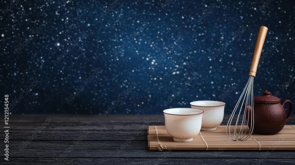 Serene Night Tea Ceremony with Whisk and Cups Serene Night Tea Ceremony with Whisk and Cups