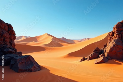 Arid Landscape Featuring Expansive Sand Dunes and Rugged Rock Formations Under a Vivid Azure Sky