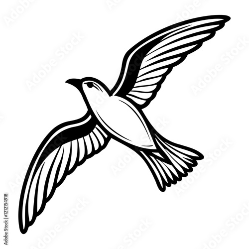 Black silhouette of a seagull flying with wide open wings. Isolated bird silhouette. Vector illustration