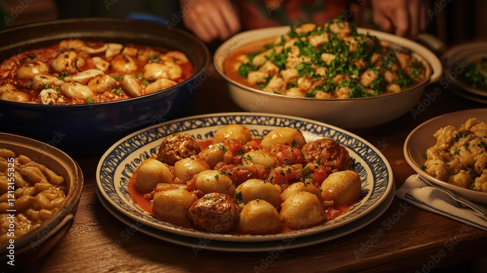 Delicious Homemade Food Dinner Table Warm Lighting Comfort Food Delicious Homemade Food Dinner Table Warm Lighting Comfort Food