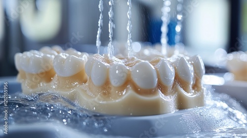 Dental model being rinsed with water in a dental lab photo