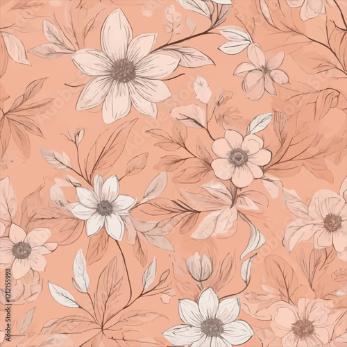 Wallpaper Mural Hand-Drawn Floral Pattern in Peach Tones Torontodigital.ca