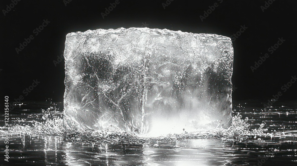 Ice Block Splashing in Water a Powerful Study of Light and Reflection on Black Background Ice Block Splashing in Water a Powerful Study of Light and Reflection on Black Background