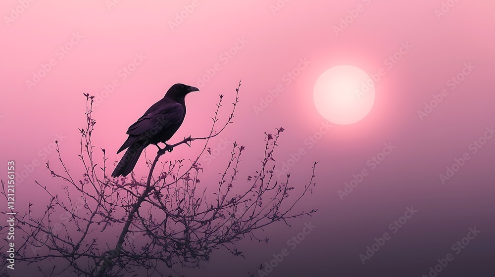 Fototapeta premium Crow sunset silhouette branch misty landscape, nature serenity