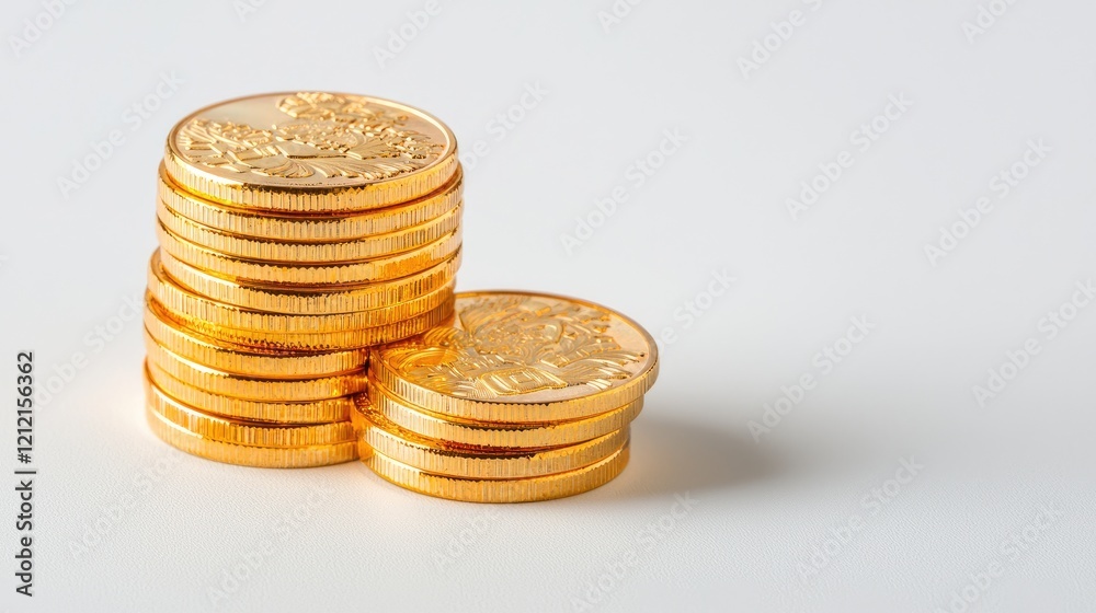 Gold coins stacked on white background; financial wealth, investment concept; use for finance articles Gold coins stacked on white background; financial wealth, investment concept; use for finance articles