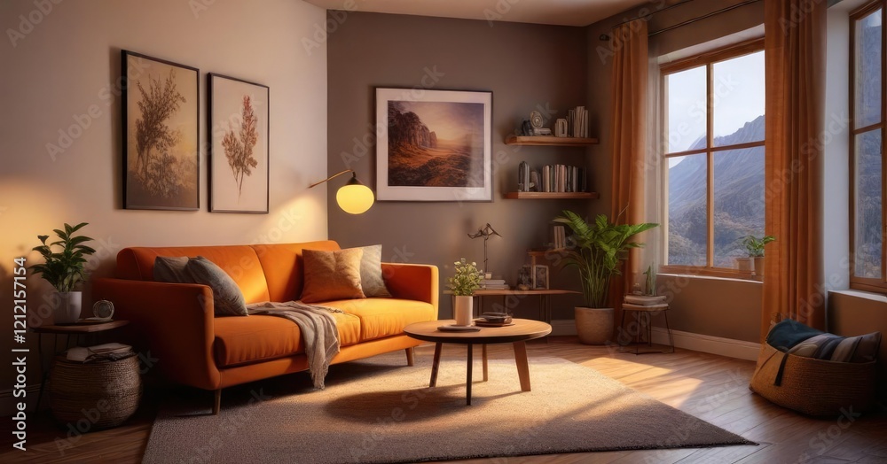 Cozy reading nook with warm lighting and comfortable furniture , home, grainy Cozy reading nook with warm lighting and comfortable furniture , home, grainy