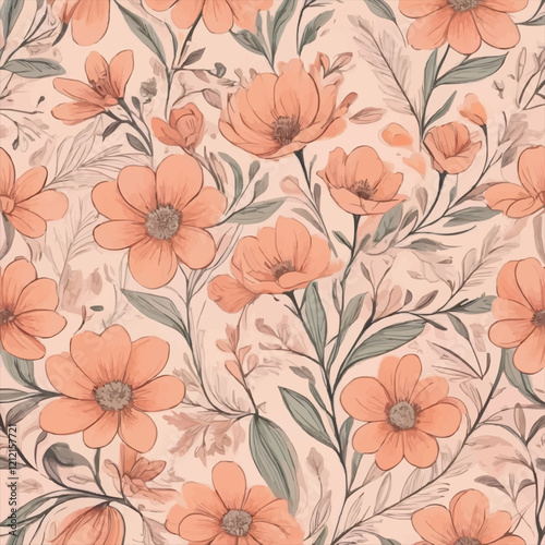 Wallpaper Mural Hand-Drawn Floral Pattern in Peach Tones Torontodigital.ca