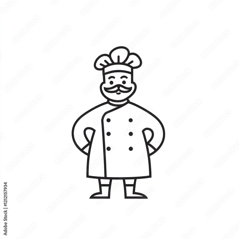 Cartoon chef standing with hands on hips, simple graphic design, isolated for menus or culinary icons Cartoon chef standing with hands on hips, simple graphic design, isolated for menus or culinary icons