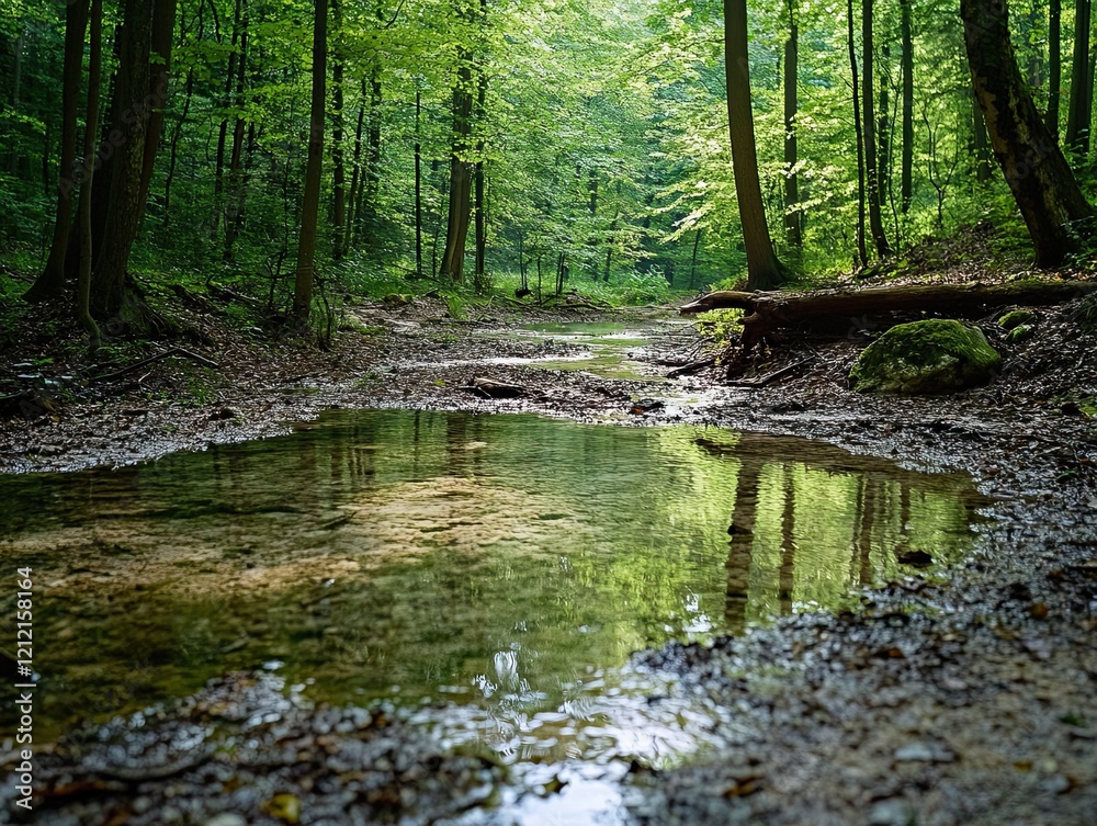 Tranquil forest stream reflecting trees, summer sunlight. Peaceful nature scene for travel, nature, and environment websites Tranquil forest stream reflecting trees, summer sunlight. Peaceful nature scene for travel, nature, and environment websites
